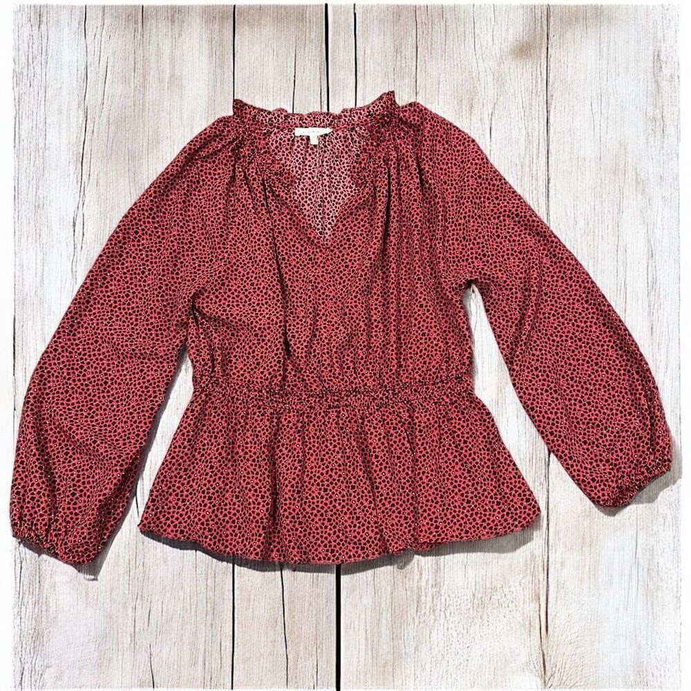 Women’s Promesa Red Peplum Smocked Leopard Shirt Size Medium Top Shirt‎ Peasant